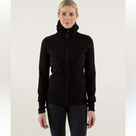 Lululemon Scuba Full-Zip Embroidered Jacket In Black Cotton Blend Fleece- Size 4